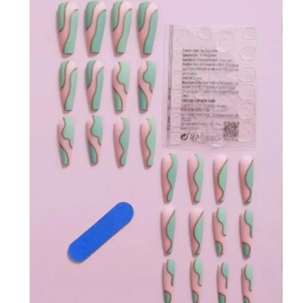 3for$20 24pcs Long Coffin Matte Texture White Wave Striped Pink Ballet Nails